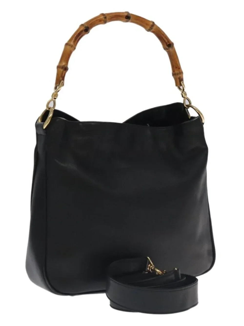 GUCCI Bamboo Hand Bag Leather 2way Black Gold 001 3754 1638 Auth ti2587